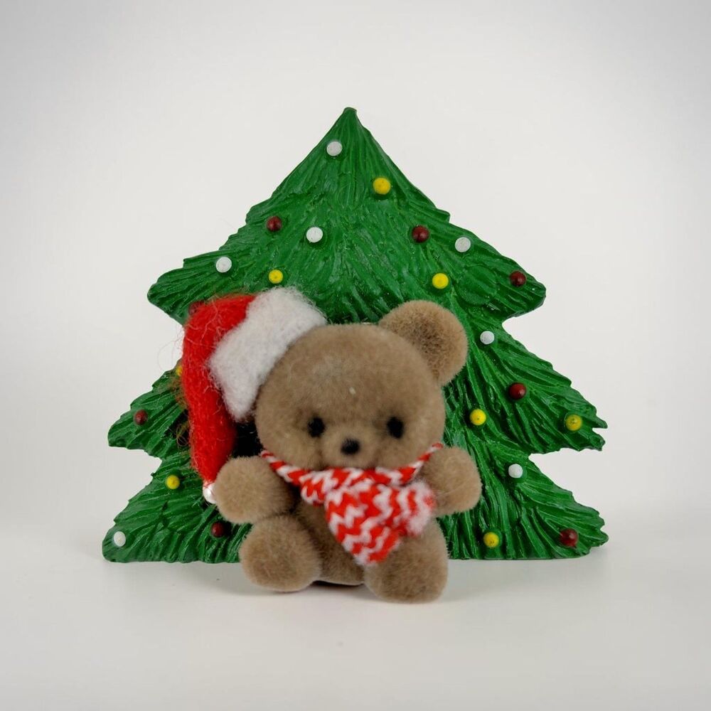 Vintage Christmas Teddy Bear Pin Brown Flocked Brooch Plastic Santa Hat Tree